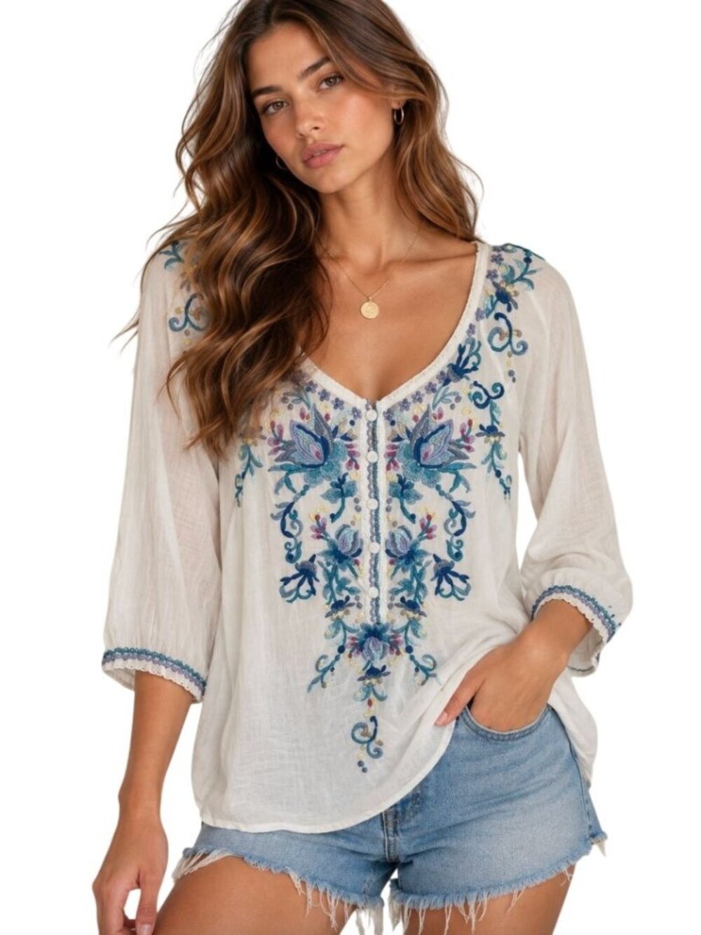 Johnny Was Blue Moon embroidered georgette top tunic - Size S